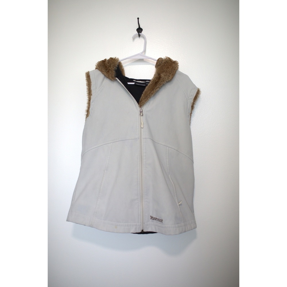 Marmot Womens Softshell Hooded Vest Gray Faux Fur Trim Fleece Lined XLG/TG